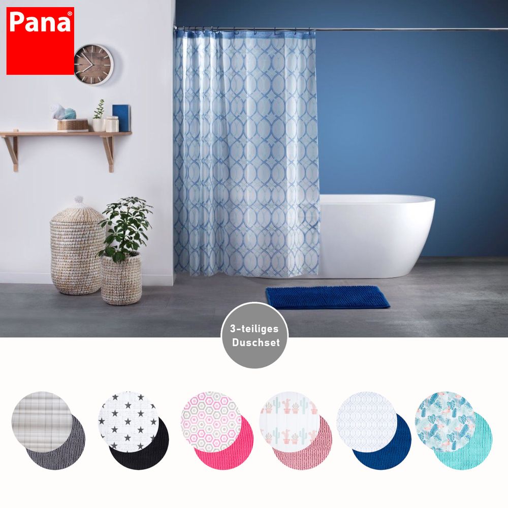 Auf diesem Bild bekommt man einen Überblick über die 6 verschiedenen Designs, in der man das dreitielige Duschset erhält. Diese sind in kleinen Kreisen unterhalb des Milieu-Bildes, auf welchem das Design "Ringe-blau" in Sezene gesetzt wid.