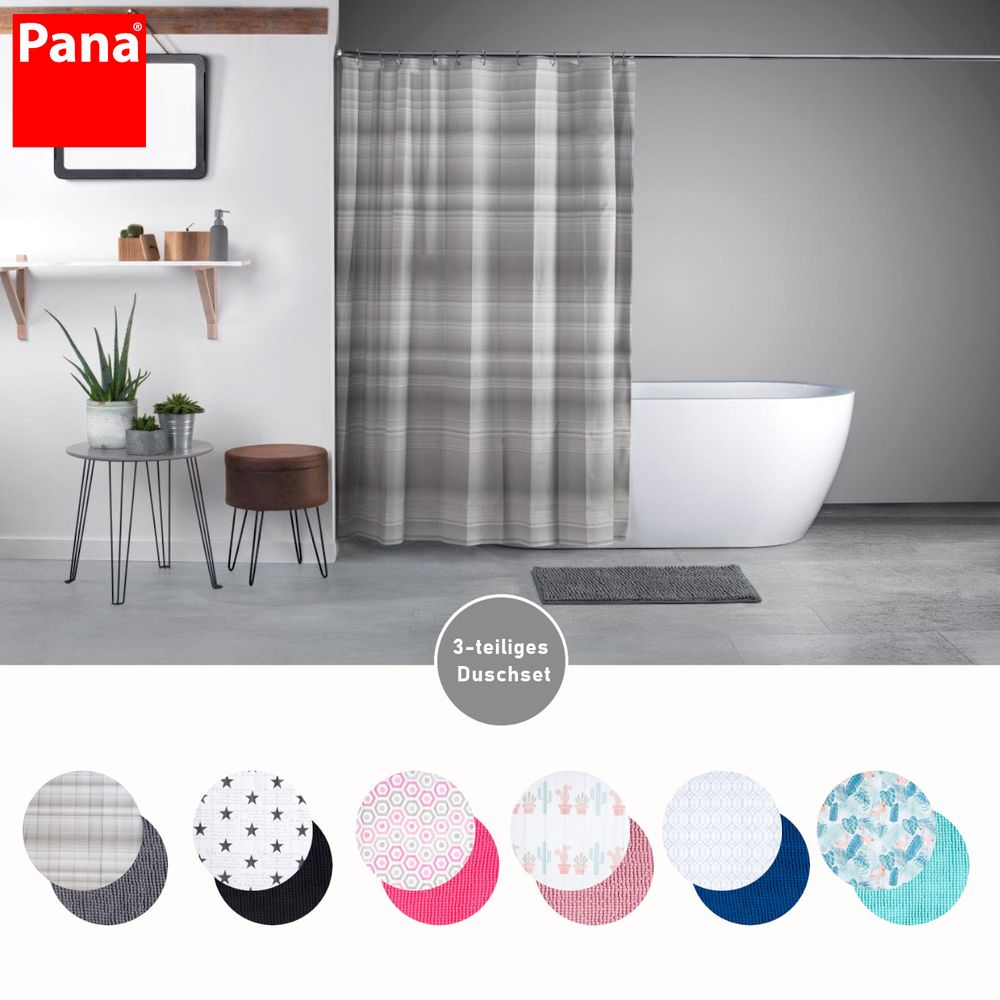 Auf diesem Bild bekommt man einen Überblick über die 6 verschiedenen Designs, in der man das dreitielige Duschset erhält. Diese sind in kleinen Kreisen unterhalb des Milieu-Bildes, auf welchem das Design "Karo-grau" in Sezene gesetzt wid.