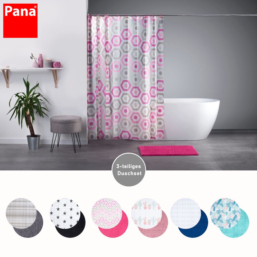 Auf diesem Bild bekommt man einen Überblick über die 6 verschiedenen Designs, in der man das dreitielige Duschset erhält. Diese sind in kleinen Kreisen unterhalb des Milieu-Bildes, auf welchem das Design "Ecken-pink" in Sezene gesetzt wid.