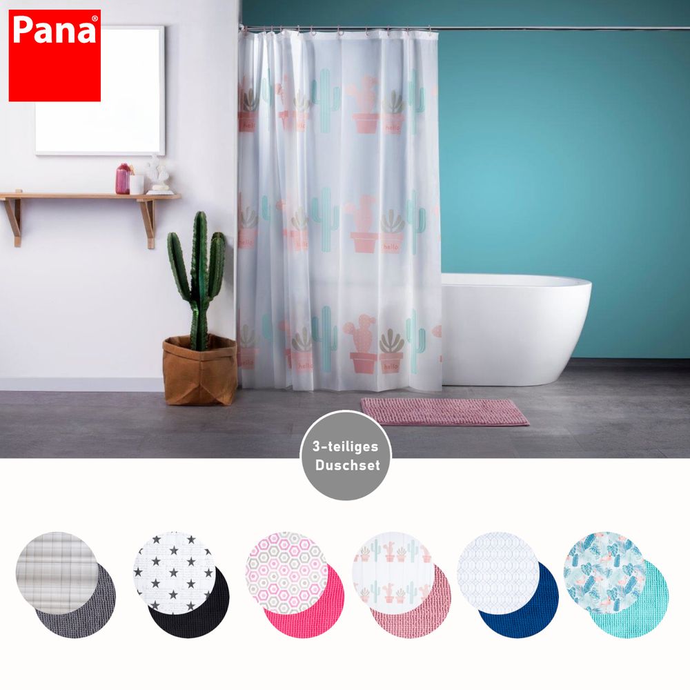 Auf diesem Bild bekommt man einen Überblick über die 6 verschiedenen Designs, in der man das dreitielige Duschset erhält. Diese sind in kleinen Kreisen unterhalb des Milieu-Bildes, auf welchem das Design "Kaktus-rosa" in Sezene gesetzt wid.