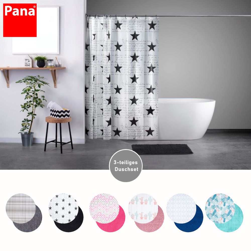 Auf diesem Bild bekommt man einen Überblick über die 6 verschiedenen Designs, in der man das dreitielige Duschset erhält. Diese sind in kleinen Kreisen unterhalb des Milieu-Bildes, auf welchem das Design "Sterne-schwarz" in Sezene gesetzt wid.