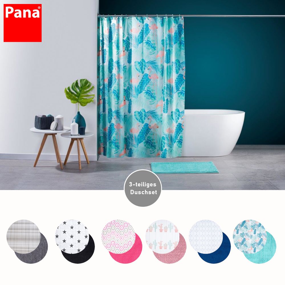 Auf diesem Bild bekommt man einen Überblick über die 6 verschiedenen Designs, in der man das dreitielige Duschset erhält. Diese sind in kleinen Kreisen unterhalb des Milieu-Bildes, auf welchem das Design "Flamingo-Türkis" in Sezene gesetzt wid.