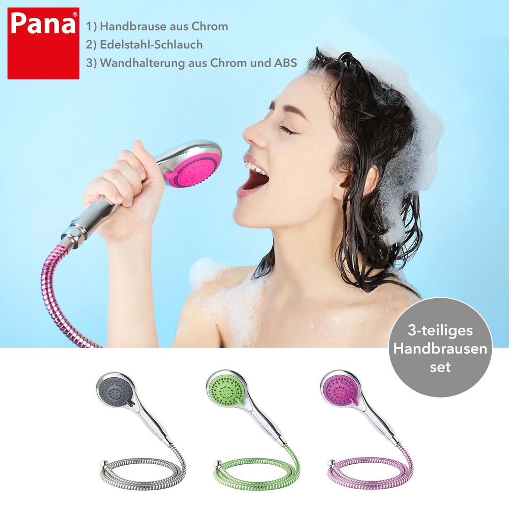 PANA® 3-tlg. Handbrause-Set mit Schlauch,Wandhalterung und Duschkopf • 5 Stahlfunktionen