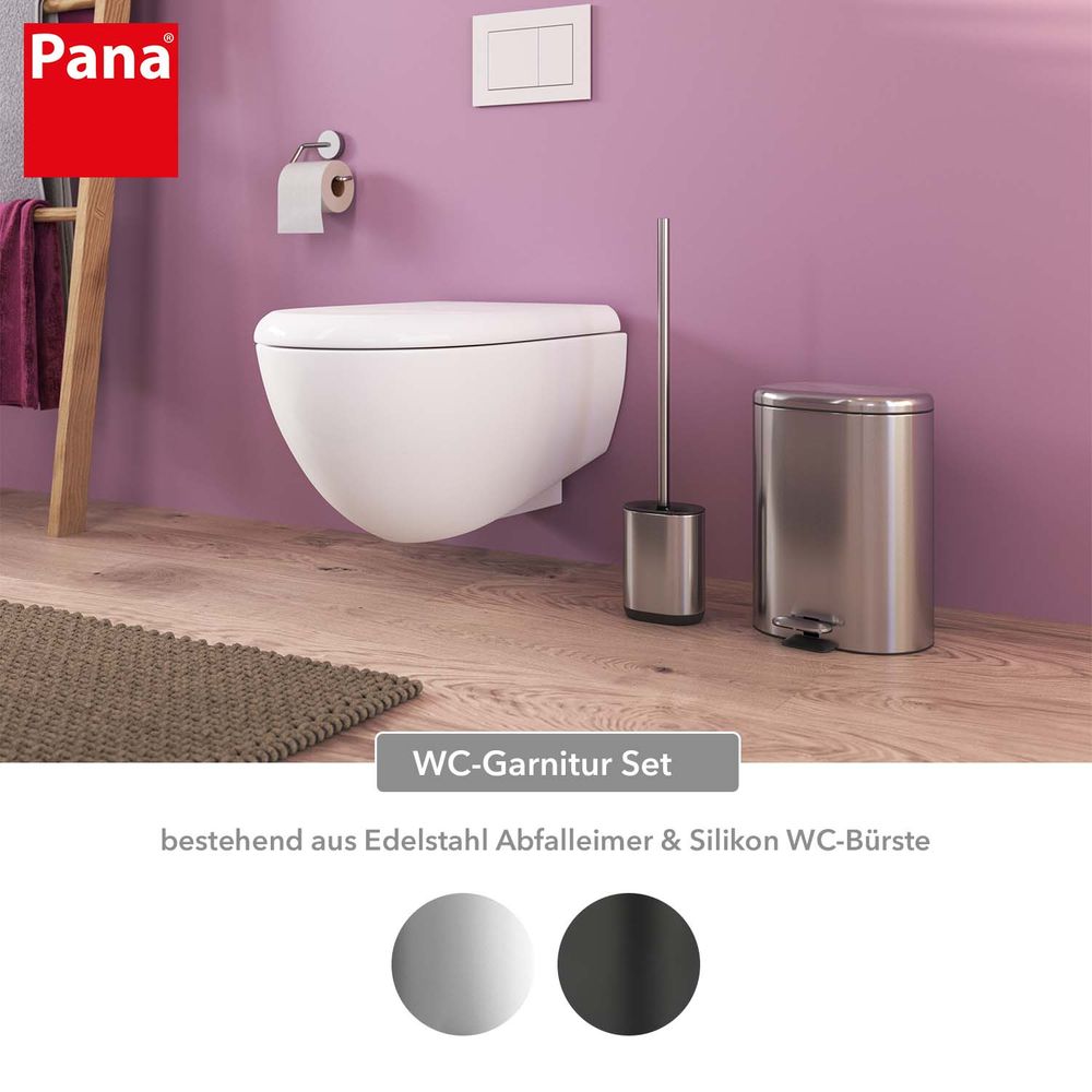 PANA® 2-tlg. WC Garnitur Set • Abfalleimer und Edelstahl Toilettenbürste mit Silikonkopf • versch. Farben