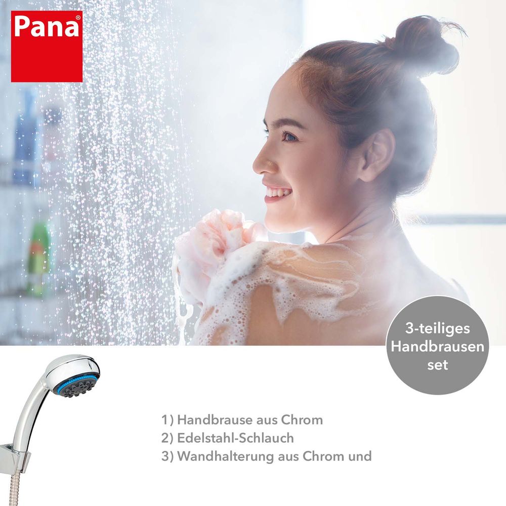 PANA® 3-tlg. Handbrause-Set mit Schlauch, Wandhalterung und Duschkopf • 8 Stahlfunktionen