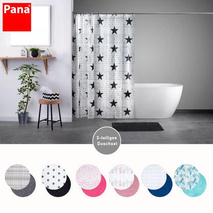 Auf diesem Bild bekommt man einen Überblick über die 6 verschiedenen Designs, in der man das dreitielige Duschset erhält. Diese sind in kleinen Kreisen unterhalb des Milieu-Bildes, auf welchem das Design "Sterne-schwarz" in Sezene gesetzt wid.