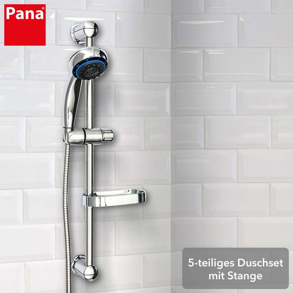 PANA® Dusch-Set mit Stange, Duschkopf, Befestigungsschlauch und Seifenschale