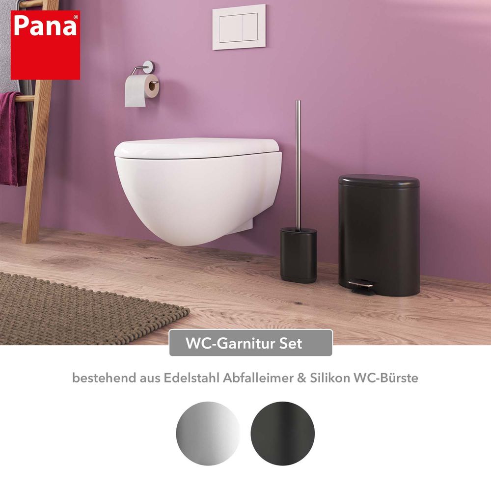 PANA® 2-tlg. WC Garnitur Set • Abfalleimer und Edelstahl Toilettenbürste mit Silikonkopf  • versch. Farben